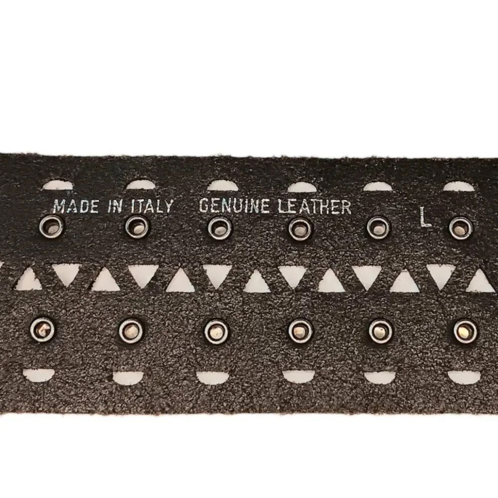 SOLD - Black Leather Belt Cutouts Silver Studs Large Silver Rings Tassles Italy - Picture 4 of 10